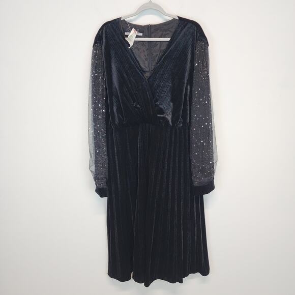 Dalia MacPhee Black Velvet Dress Size 3X Surplice Shimmer Sheer Sleeves Formal - Picture 1 of 16